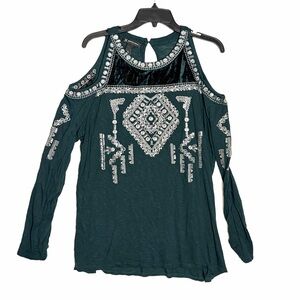 INC INTERNATIONAL CONCEPTS Top XL Hunter Green Cold Shoulder Velvet Metallic